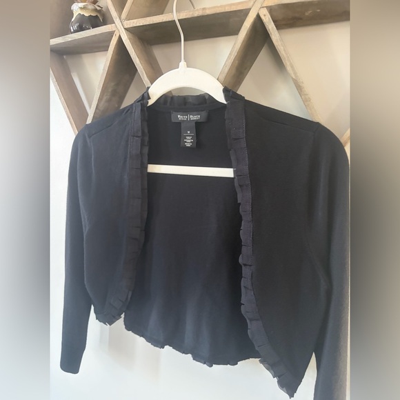 White House Black Market ruffled 3/4 sleeve black cropped sweater shrug - Picture 2 of 5